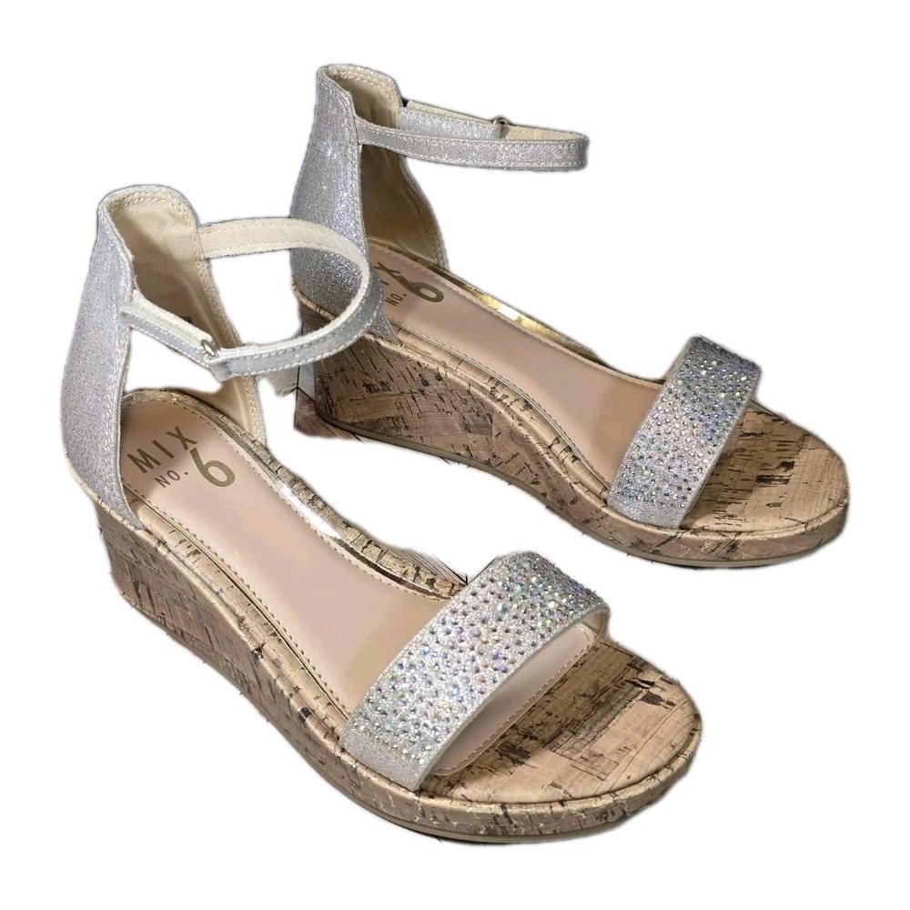 Mix‎ No.6 Taylor Silver Sparkling Sandals Women's Sz 5M Strappy  Low Wedge